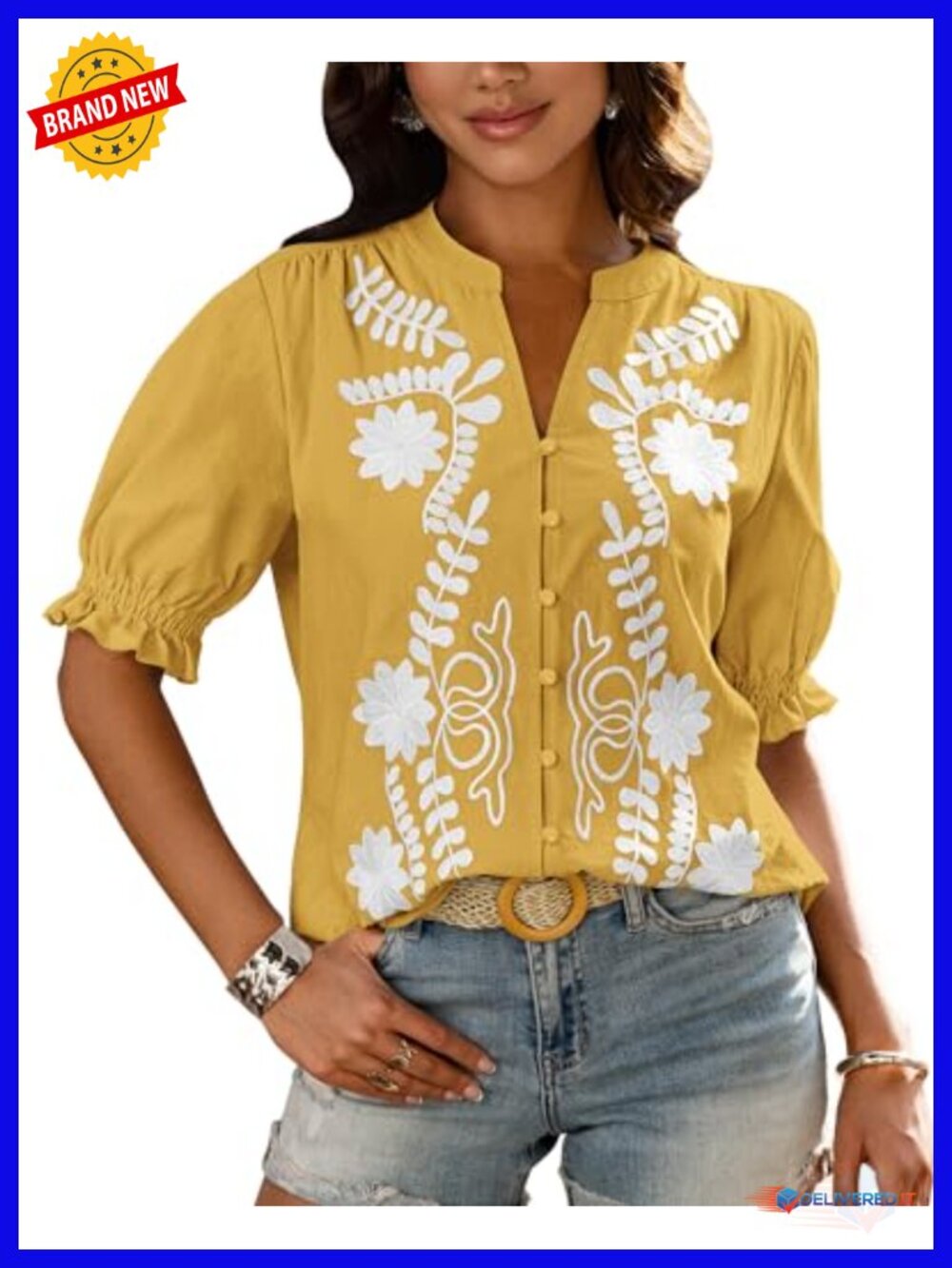 Women's Boho Floral Embroidered V Neck Puff Sleeve Cotton Button Down Blouse